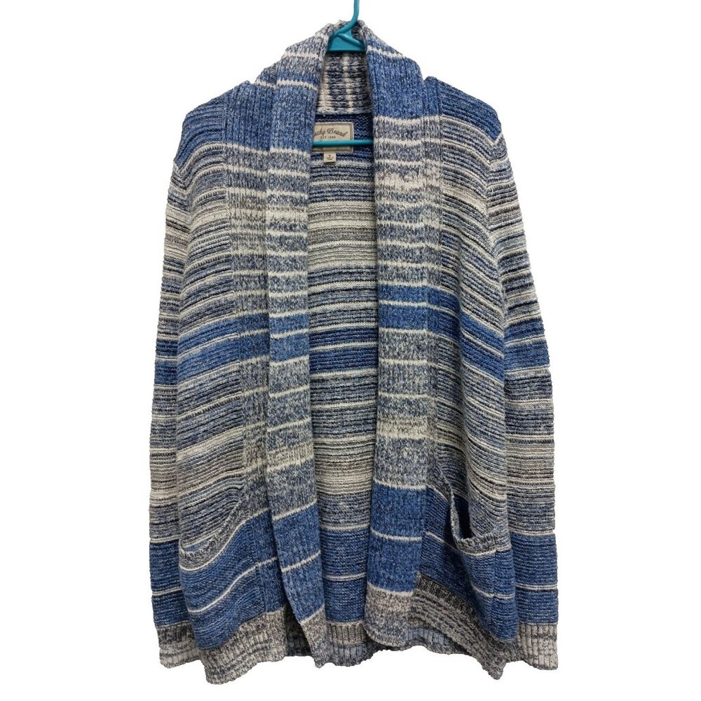 Lucky Brand BOHO Cardigan Womens Small Blue White Striped Open Longline Casual‎